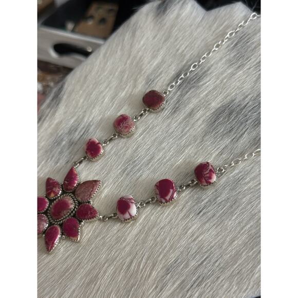 Native American SW Sterling Silver Pink Red Jasper Huge Cluster Necklace Lariat - Picture 14 of 16